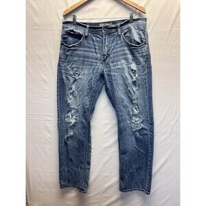 BKE Jake Jeans 36L Men's 36x31 Blue Bootleg Stretch Distressed Whiskered Denim